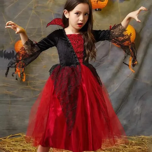 Girl Vampire Halloween Dress For Kid Ghost Bride Gothic Cosplay Vampire Costume Count Vampiran Carnival Outfit Black Red Clothes - Image 3