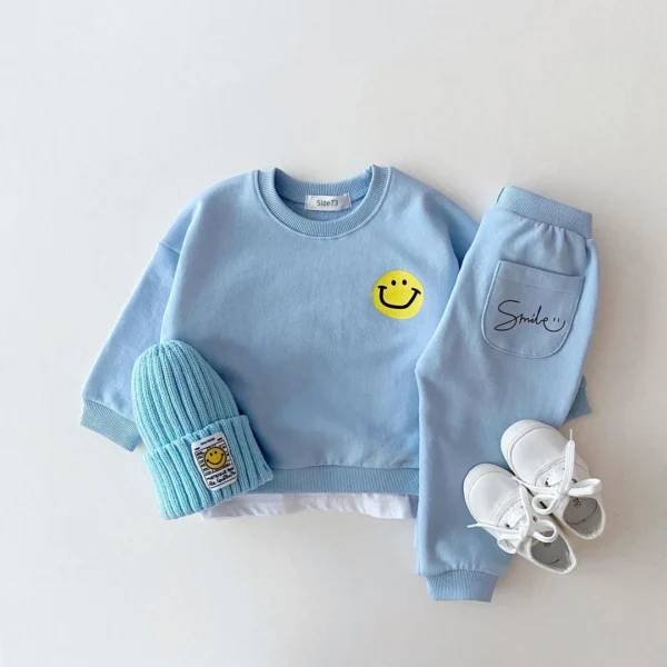 Korea Baby Boy Clothes Set Toddler Kids Clothes Cute Smiley Print Mock 2pcs Sweatshirt + Jogger Pant Baby Girl Tracksuit Outfits - Image 2