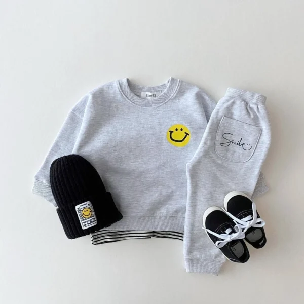 Korea Baby Boy Clothes Set Toddler Kids Clothes Cute Smiley Print Mock 2pcs Sweatshirt + Jogger Pant Baby Girl Tracksuit Outfits - Image 3