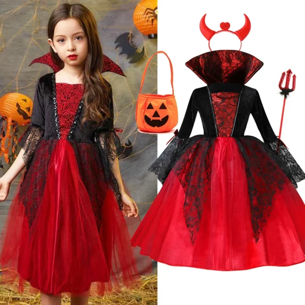 Girl Vampire Halloween Dress For Kid Ghost Bride Gothic Cosplay Vampire Costume Count Vampiran Carnival Outfit Black Red Clothes