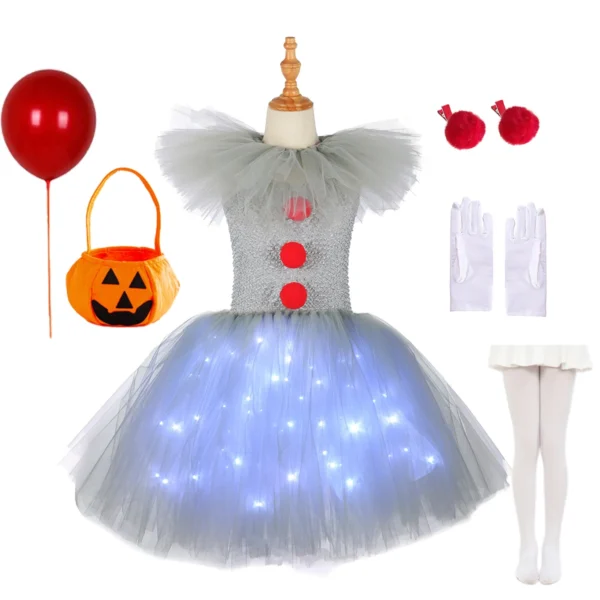 Halloween Gray Joker Girls LED Light Up Costume Tutu Dress Creepy Clown Kids Carnival Party Cosplay Clothes Toddler Tulle Dress - Image 2