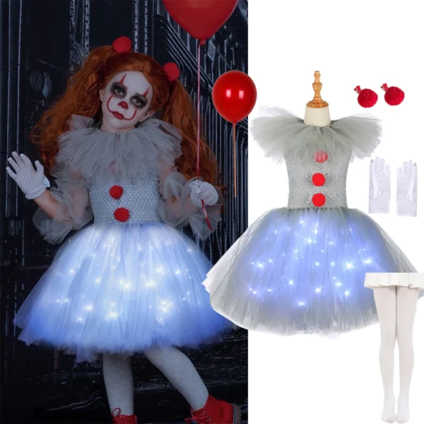 Halloween Gray Joker Girls LED Light Up Costume Tutu Dress Creepy Clown Kids Carnival Party Cosplay Clothes Toddler Tulle Dress