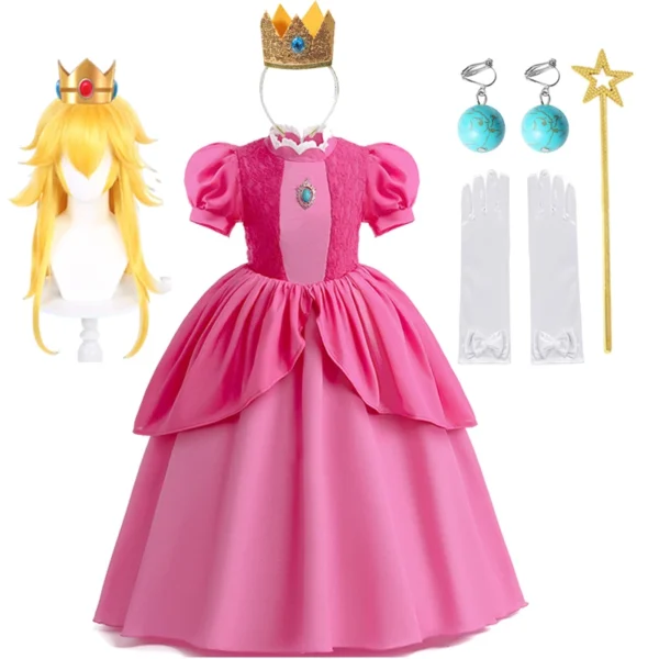 Peach Princess Cosplay Dress Girl Movie Role Playing Costume Birthday Party Stage Performace Outfits Kids Carnival Fancy Clothes