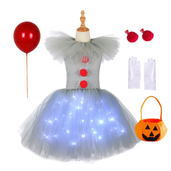 Halloween Gray Joker Girls LED Light Up Costume Tutu Dress Creepy Clown Kids Carnival Party Cosplay Clothes Toddler Tulle Dress - Image 4