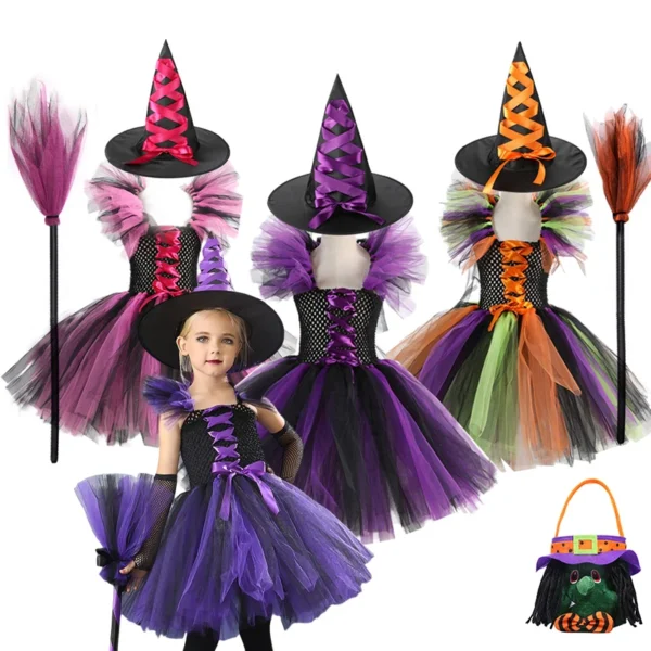 Purple Witch Costume Girls Disguise Halloween Cosplay Purim Carnival Party Christmas Toddler Kids Princess Dress Prom Gown Dress