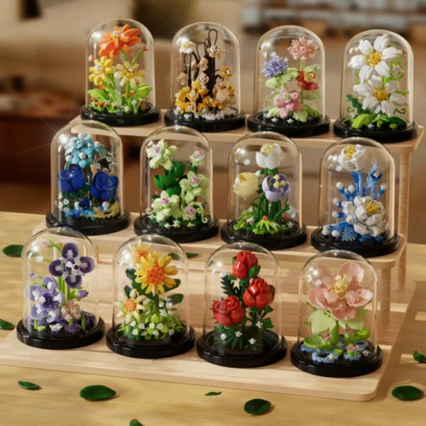 Flower Bouquet Bonsai Building Blocks Artificial Plastic Plant Dust Cover Micro Model Home Decoration Toy For Kid Birthday Gift