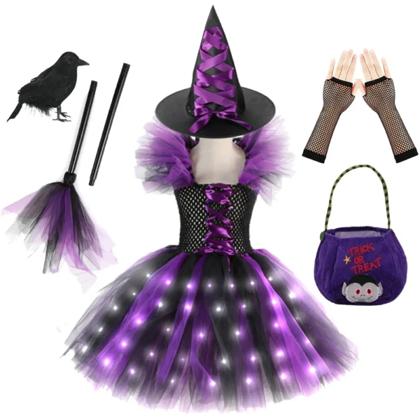 Halloween Cosplay Witch LED Luminous Costume for Baby Girl Children Carnival Party Gown Kids Witch Lights Up Dress Clothing Set - Image 5