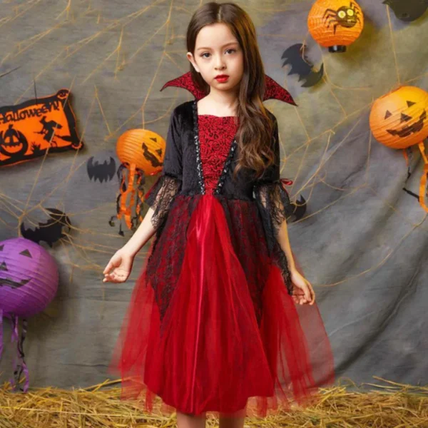 Girl Vampire Halloween Dress For Kid Ghost Bride Gothic Cosplay Vampire Costume Count Vampiran Carnival Outfit Black Red Clothes - Image 4