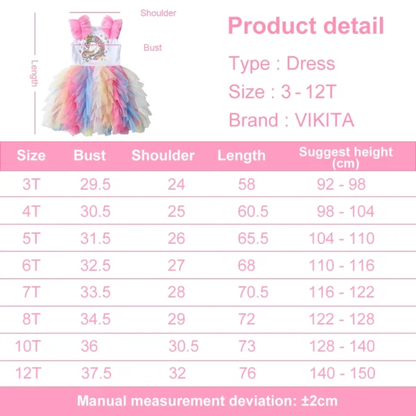 VIKITA Girls Unicorn Cartoon Print Dresses Kids Sleeveless Summer Dress Girls Colorful Mesh Tulle Layered Tutu Princess Dresses - Image 6