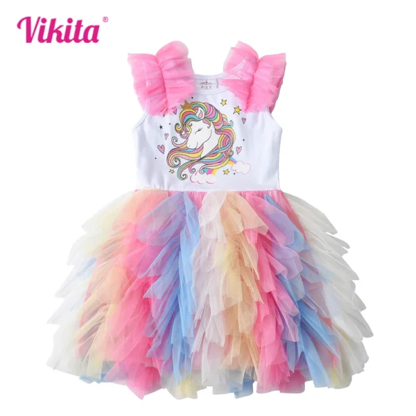 VIKITA Girls Unicorn Cartoon Print Dresses Kids Sleeveless Summer Dress Girls Colorful Mesh Tulle Layered Tutu Princess Dresses - Image 2