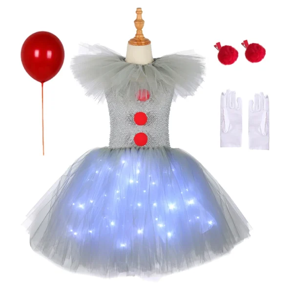 Halloween Gray Joker Girls LED Light Up Costume Tutu Dress Creepy Clown Kids Carnival Party Cosplay Clothes Toddler Tulle Dress - Image 3