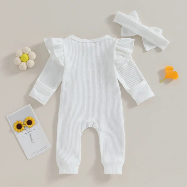 Pudcoco Infant Baby Girl Autumn Jumpsuit Solid Color Round Neck Flying Sleeve Ruffled Zipper Romper with Bow Headband 0-12M - Image 3