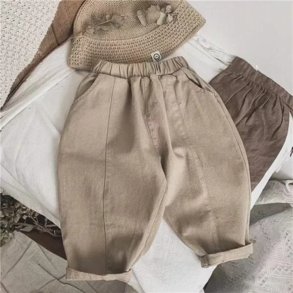 Autumn Baby Retro Pocket Dungarees Loose Girl Children Casual Pants Solid Boy Kids Fashion Trousers Toddler Cotton Clothes - Image 3