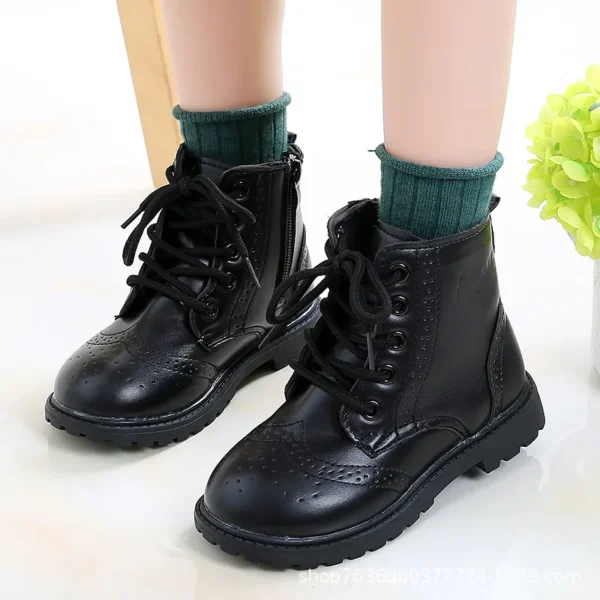 Boys Boots Girls Tide Boots Black Leather Classic Kids Ankle Boots Size 21-37 Cross-tied Zip Children's Tide Boots Soft Autumn - Image 3