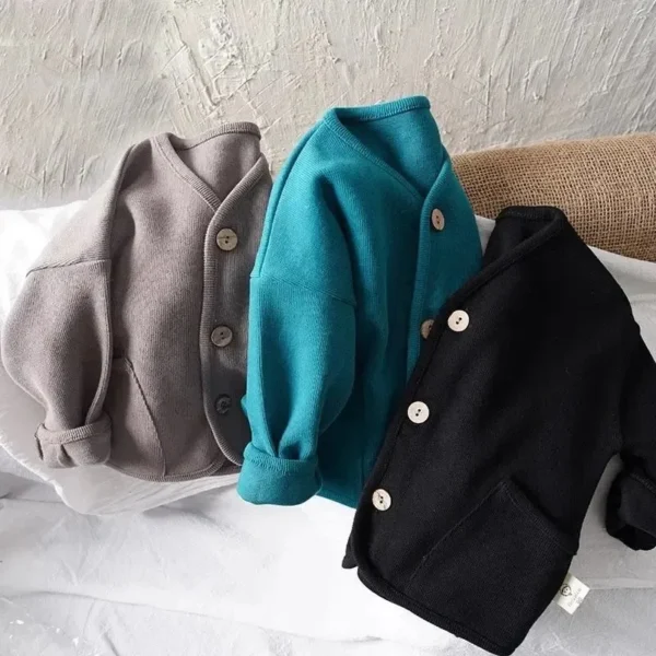 Korean Children's Loose Solid Color Long Sleeved Cardigan Autumn Style Pure Cotton Casual Top Jacket for Boys and Girls - Image 2