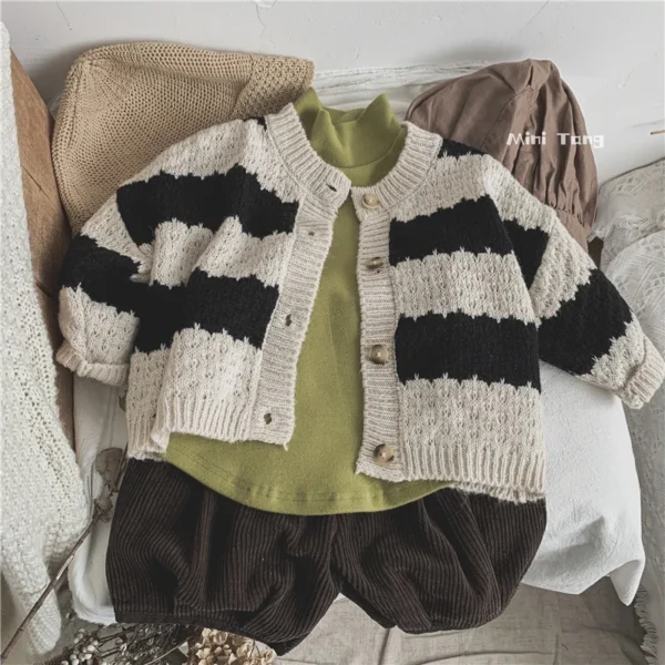 Spring And Autumn Newborn Baby Boys And Girls Baby Black And White Striped Knitted Cardigan Children's Casual Loose Baby Clothes - Image 2