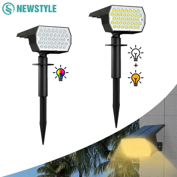 2024 New LED Solar Landscape Spotlights 74 LED Tricolor Light Waterproof 37 LED RGB Solar Garden Wall Lights Yard Lawn Pathway