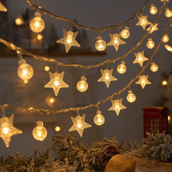 1.5M Pentagram Snowflake LED String Light Garland Merry Christmas Party Home Warm Atmosphere Decorations Happy New Year 2024